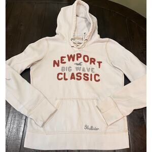 Hollister Distressed Hoodie Large Pullover Beachy Logo Y2K Grunge Surf Ivory